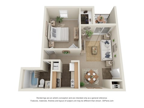 Floor plan for 1 bed, 1 bath, 641 sqft